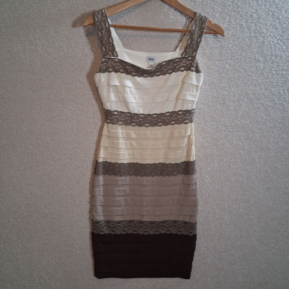 Cache Bandage Mini Cocktail Dress Sz 4 Neutral Lace Layers Bodycon Soft Romantic
